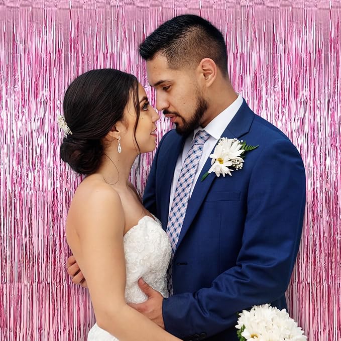 30 Pack Pink Foil Fringe Curtain Backdrop, 3.3x8.2 Feet Metallic Tinsel Streamer Curtains Photo Booth Props for Wedding/Birthday/Baby Shower/Valentine's Day/Princess Themed Party Decorations