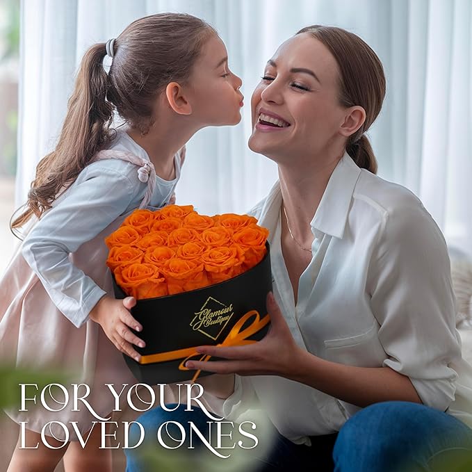 GLAMOUR BOUTIQUE 16 Flower Forever Heart Shape Box, Eternal Preserved Roses Gift for Her, Lasting Flowers, Romantic Floral Keepsake for Birthday, Anniversary or Valentine’s Day, Orange (Color-Treated)
