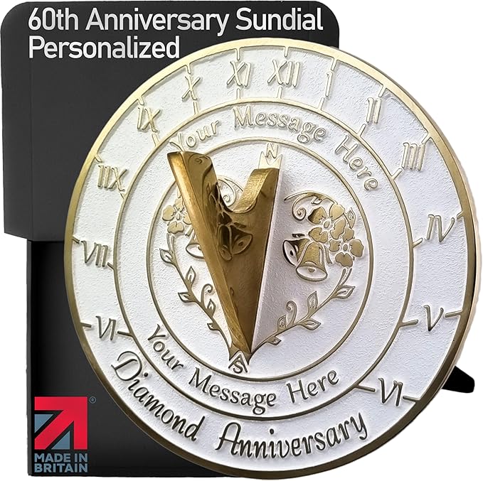The Metal Foundry Personalized Diamond 60th Large Sundial - Recycled Brass Home Decor Or Garden Present Idea Made in The UK for Parents, Grandparents, Friends, Couples 60 Yr Marriage