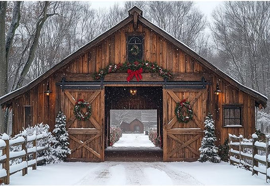 Baocicco 8x6.5ft Rustic Merry Christmas Backdrop Photography Rural Wooden Barn Door Xmas Trees Farmhouse Background Cloth Winter Festival Family Party Decorations New Year Eve Banner Supplies