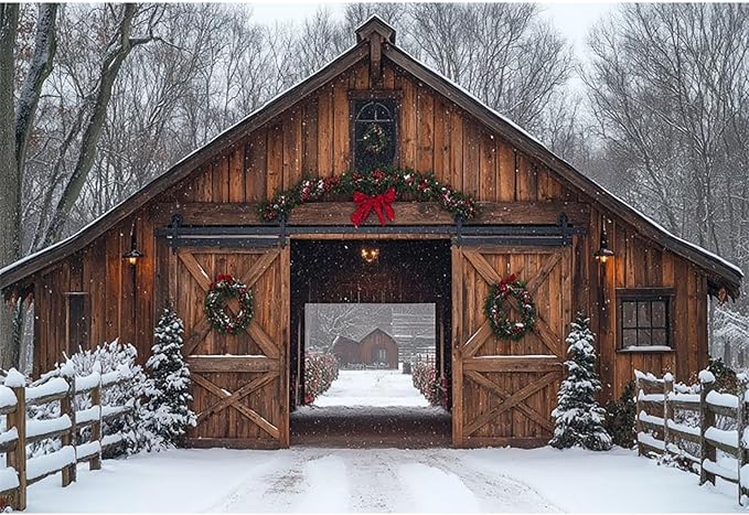 Baocicco 10x7ft Rustic Merry Christmas Backdrop Photography Rural Wooden Barn Door Xmas Trees Farmhouse Background Cloth Winter Festival Family Party Decorations New Year Eve Banner Supplies