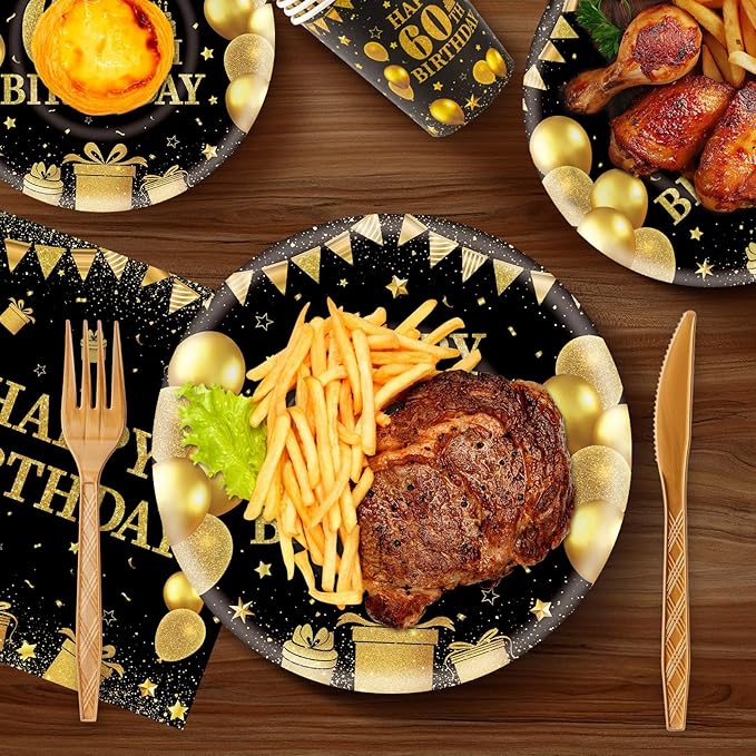 350PCS 60th Birthday Party Decorations for 50 Guests Black and Gold Party Supplies Include Disposable Paper Plates, Napkins, Cups, and Tableware