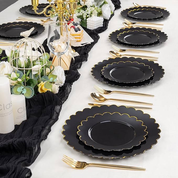 supernal 100pcs Black and Gold Plastic Dinnerware Set - Scalloped Disposable Plates Heavy Duty Gold And Black Plastic Plates Service for 50 Guests,Perfect for Party Birthday Wedding Festival