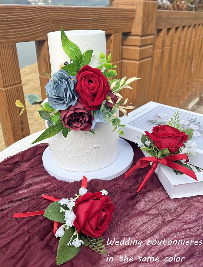 CherishedMoments 3Pcs Cake Topper Set, Wedding Artificial Flowers Decor Burgundy and Navy Blue Cake Topper Decorations for Wedding Ceremony Anniversary, Wedding Home Decor