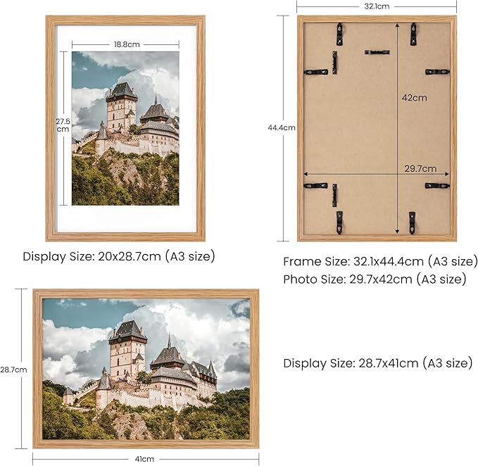 Axeman A3 Picture frame, Solid Oak Wood 11.7 x 16.5 inch Poster Frames with Mat 8.3 x 11.7 for Photo, A3 Size Frames Matted to A4 Print, 11.7x16.5 Wall Hanging Frame,Tempered Glass, Oak