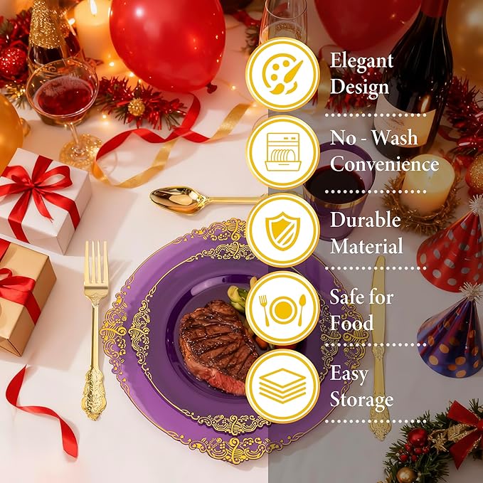 Nervure 350PCS Purple Plastic Plates - Disposable Purple Gold Party Plates & Pre Rolled Napkins with Cutlery for 50 Guests, 100Plates, 150 Silverware, 50 Cups, 50 Napkin for Wedding & Party & Bridal