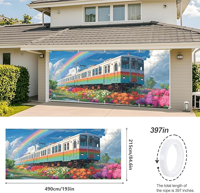 Train in the Spring Flowers Garage Door Banner 7x16FT, Colorful Train & Rainbow Outdoor Decoration for Garage Doors, Front Yard, and Seasonal Parties