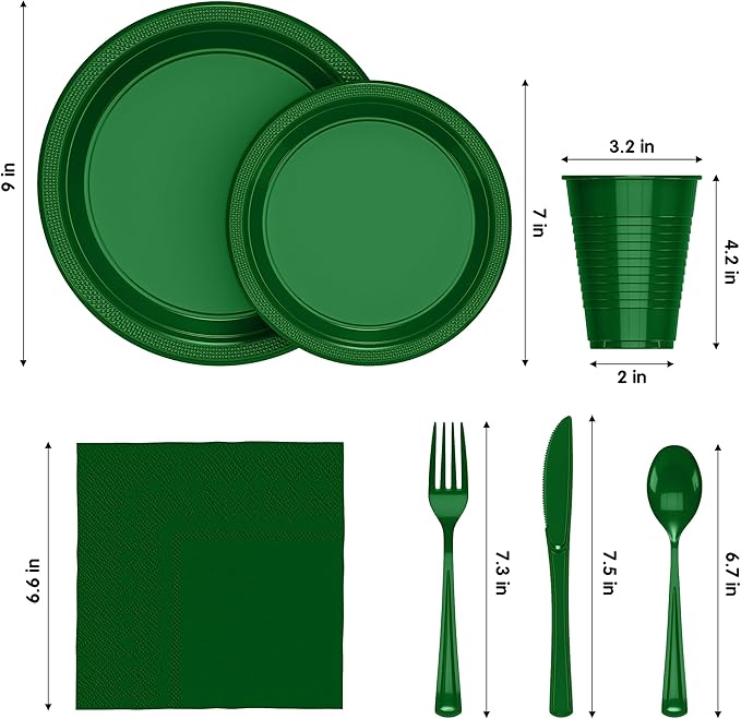 350 Pcs Emerald Green Plastic Plates For Party, Emerald Green Disposable Plates Set, 50 Of Each 9" Dinner Plate Set, 7" Dessert Plate, Cups, Napkins & Cutlery Plastic Dinnerware Exquisite