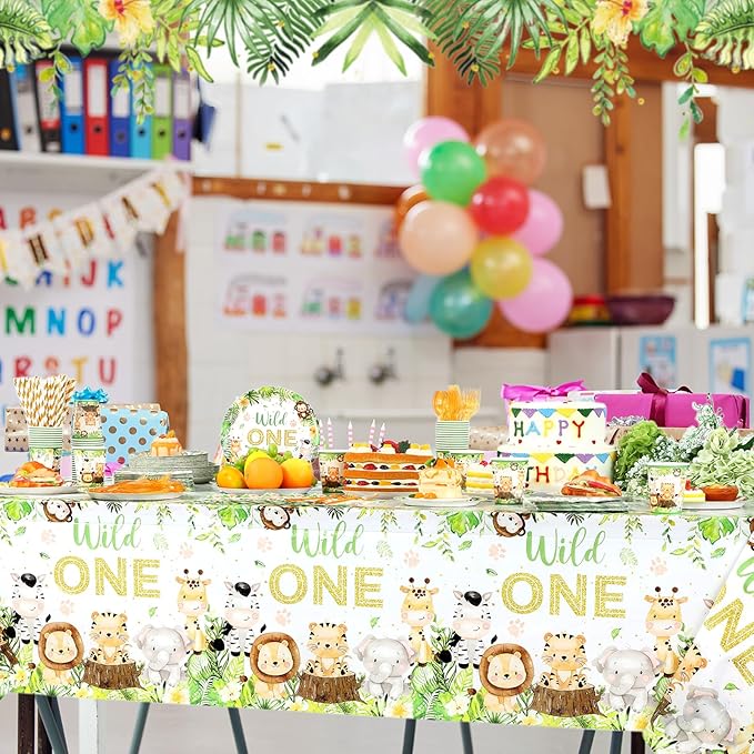 452 Pcs Wild One Birthday Party Decorations for 50, Safari Jungle Wild One Paper Plates Napkins Cups Tablecloth Cutlery Straws for Boys Kids Woodland Themed First Birthday Party Supplies