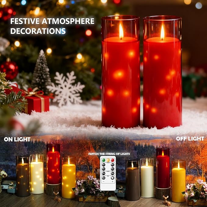 Waterproof Outdoor Candles with Timer & Remote - Battery Operated LED Candles, Realistic Flameless Plastic Pillar, Pack of 2 (4" D x 11" H, Red) for Patio, Garden Camping Rainy Weather