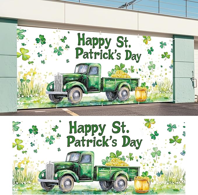 St. Patrick’s Day Garage Door Banner 7x16FT, Green Truck & Shamrocks Garage Door Cover, Festive Outdoor Decoration for St. Patrick’s Day Parties and Yard