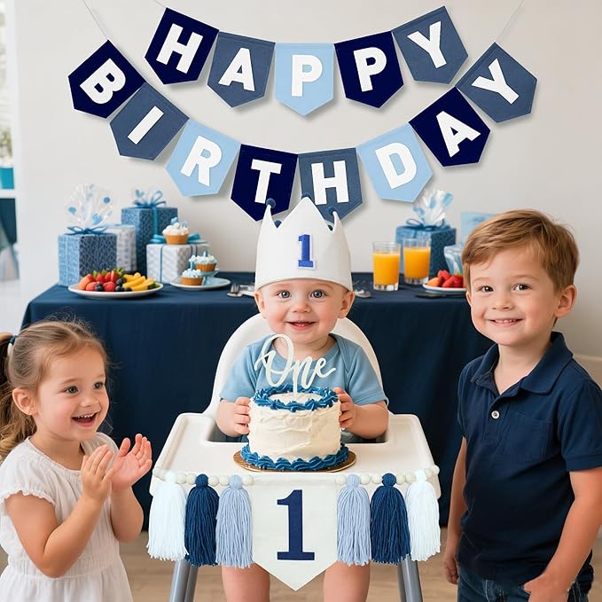 Felt Navy Blue Happy Birthday High Chair Banner Pre-Strung Birthday Hanging Decoration For Baby Boy 1st Birthday Party Decorations