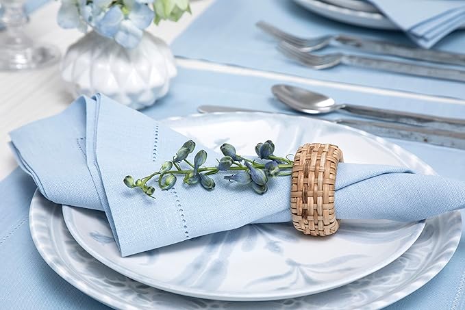 Solino Home Sky Blue Linen Napkins Set of 4-100% Pure Linen Hemstitch Dinner Napkins 20 x 20 Inch for Spring, Easter - Classic Hemstitch