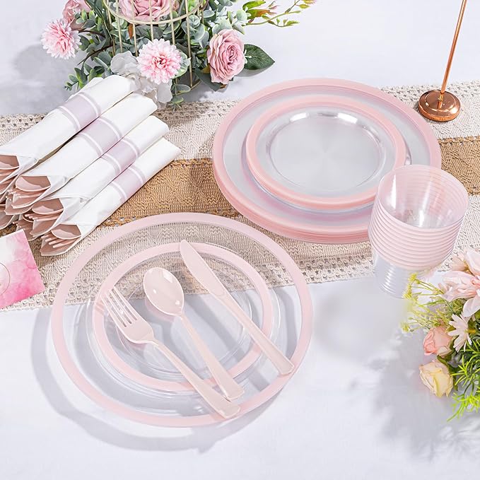 I00000 350 Pcs Clear Pink Plates for 50 Guests, Pink Dinnerware Include 100 Plates, 50 Cups, 50 Pre Rolled Napkins with Cutlery Set for Party and Wedding