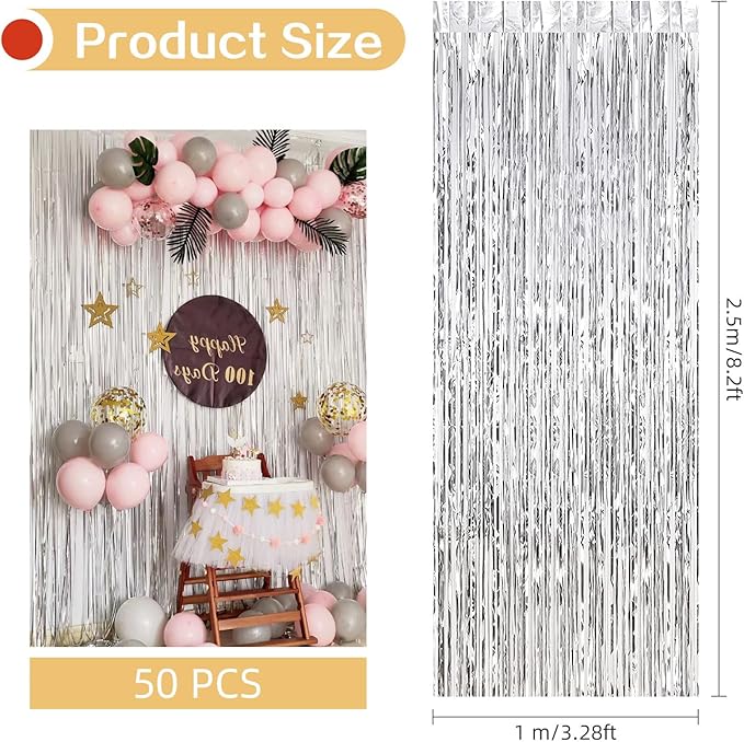 Silver Foil Fringe Curtains 50 Pack 3.2ft x 8.2ft Fringe Backdrop Curtains Metallic Tinsel Streamer Photo Backdrop for Birthday Party Decorations Halloween Christmas Party Supply (Silver)