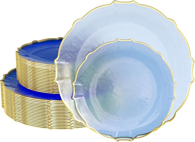 Exquisite Plastic Plates for Party 40 Piece Fancy Plastic Dinner Plates For 20 Guests 20 X 7.5 Dessert Plates & 20 X 10 Thin Delicate Disposable Dinnerware Charger Plate Spring Lake Gold Rim