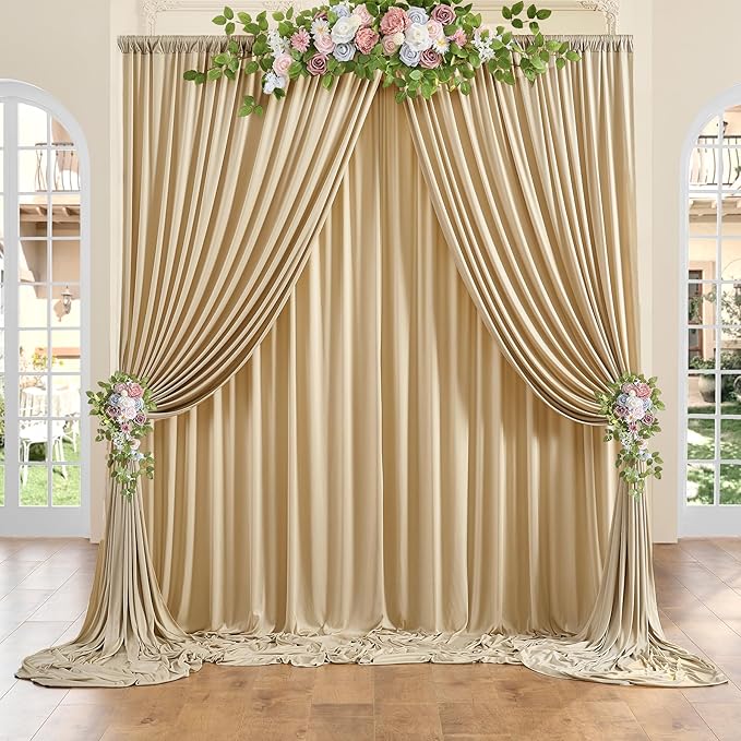 50 ft x 10 ft Wrinkle Free Champagne Backdrop Curtain for Parties, 10 Panels 10ft Polyester Champagne Photo Backdrop Drapes for Graduation Birthday Wedding Party Stage Curtains