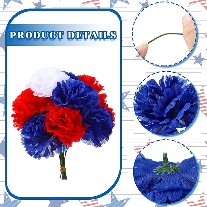 180 Pcs Red Blue White Carnations Artificial Memorial Flowers with 6" Stem Patriotic Fake Silk Carnation Bulk for Cemetery Veterans Day 4th of July Decoration Wreaths DIY Crafts