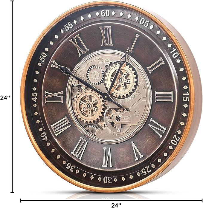 CLXEAST 24 Inch Wall Clock with Moving Gears,Oversized Large Industrial Steampunk Clock, Antique Gold Metal Roman Numeral Wall Clocks for Farmhouse Living Room Decor,Valentines Day Gifts