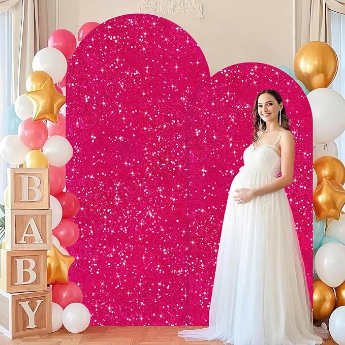 Spandex Arch Backdrop Cover Set of 2 （7.2FT, 6FT） Hot Pink Wedding Arch Covers Stretchy Backdrops Sparkly Sequin Arches Backdrop Stands Cover Chiara Backdrops Covers for Baby Shower Birthday Parties