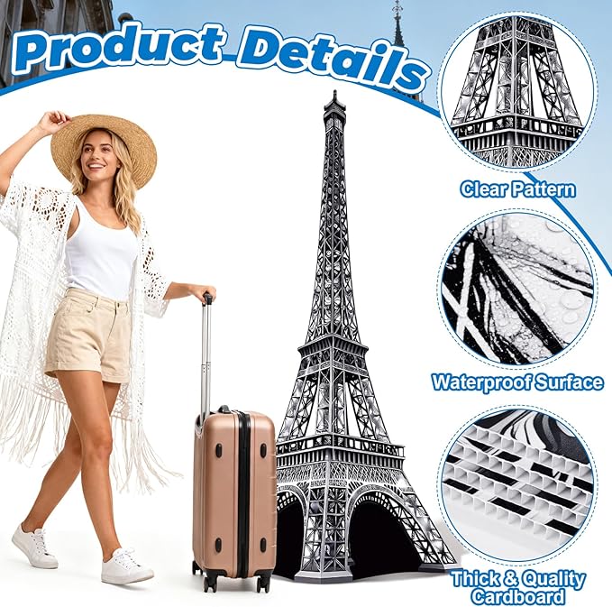 6 Ft 3D Eiffel Tower Cardboard Cutout Eiffel Tower Stand Up Cutout Life-Size French Theme Photo Booth Prop Backdrop Sign for France Night of Paris Theme Birthday Party Educational Display