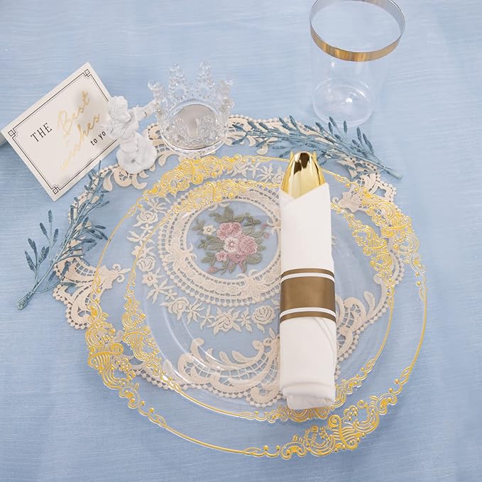 Hioasis 350pcs Clear and Gold Plates - Clear Party Plates for 50 Guest, Include 100 Heavy-duty Plates(20% Thicker Than Standard), 50 Pre Rolled Gold Plastic Silverware Set, 50 Cups