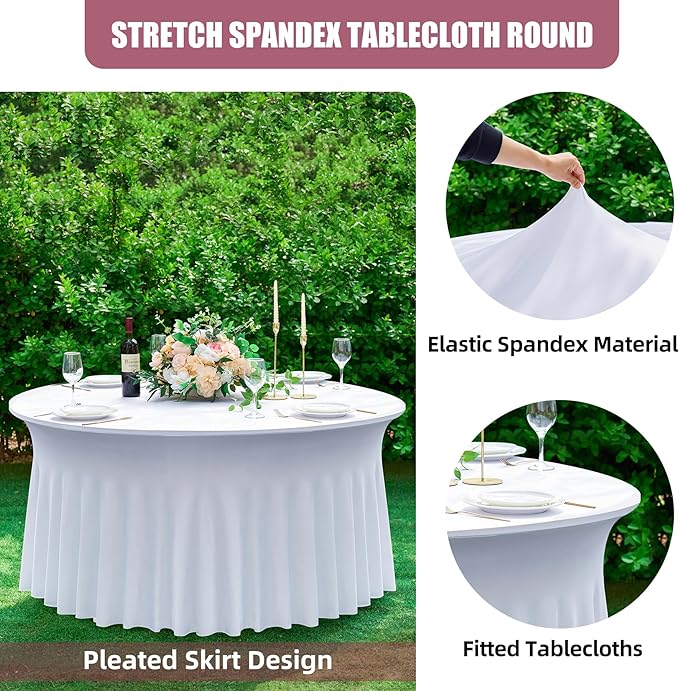 6 pk White Round Spandex Tablecloth for 60in Tables, Wrinkle Free Stretchy 120inch Fitted 5FT Table Cloths Round Table Covers with Skirt for Wedding Party Dining Banquet Events