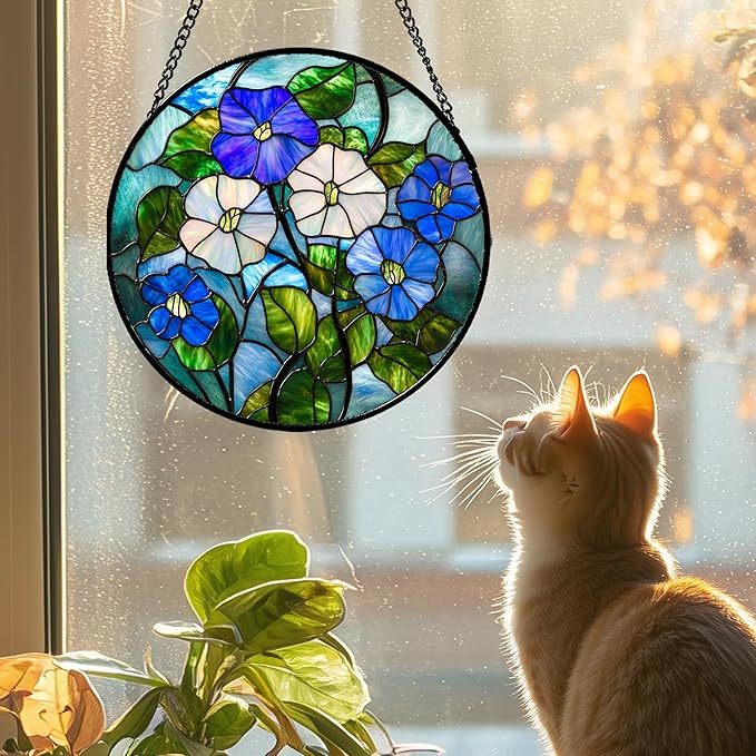 Stained Glass Window Hanging - Blue White Morning Glory Birth Flower Suncatcher for Door Garden Yard Sun Catchers Decor Christmas Mother's Day Birthday Gifts for Women Mom Nana Friend 11.8 in