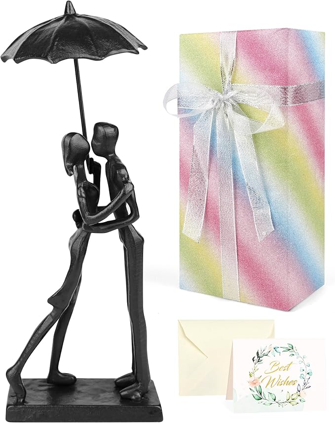 Anniversary for Couple/Her, Affectionate Couple Statue Kissing Under Umbrella, Handcrafted Cast Iron Sculpture in Love, for Wedding Gifts 6th Anniversary Valentines Gifts for Her Him