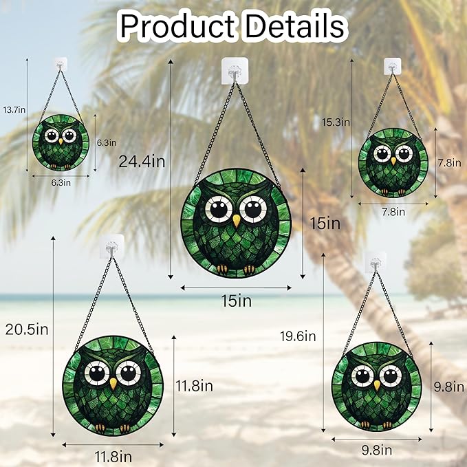 Stained Glass Window Hanging - Green Owl Suncatcher for Doors Garden Patio Funny Bird Sun Catchers Decor Christmas Mother's Day Birthday Teenager Gifts for Women Men Mom Nana Friend 9.8 in