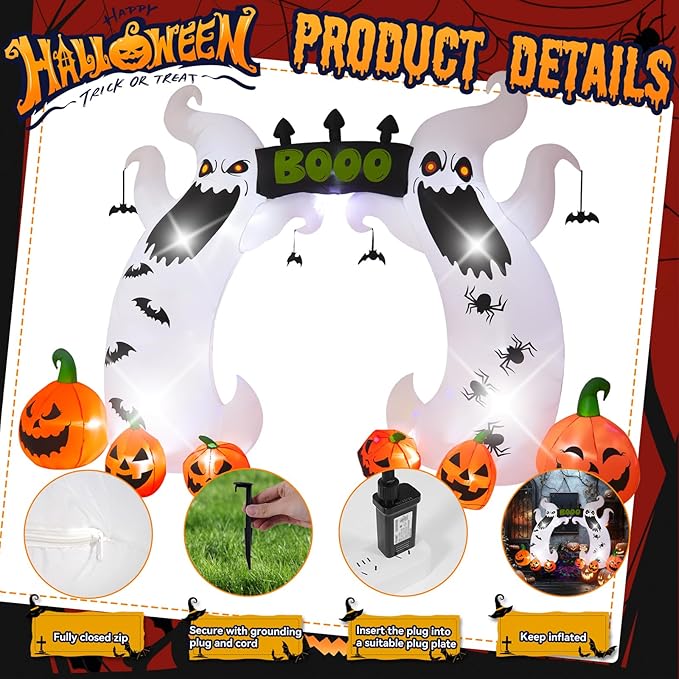 Halloween Inflatable, SHDEJTG 16 FT Giant Ghost Pumpkin Arch Inflatable Decoration with Rotating LED Color Light for Outdoor, Holiday, Party, Yard, Garden