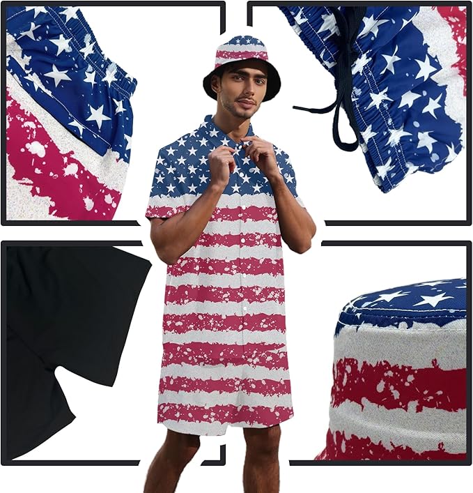 Men's Hawaiian Shirt and Shorts Set 2 Piece Beach Outfits with Bucket Hats for Beach Days and Summer Vibes