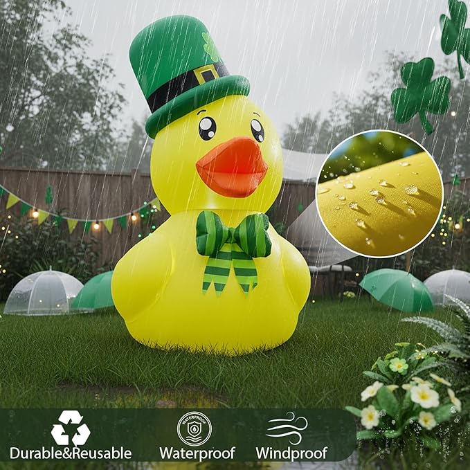 5FT St. Patrick's Day Inflatable Duck, Blow Up Duck with Shamrock Hat and Bow, Outdoor Decoration with LED Lights for Yard, Garden, Lawn, Home, Party Decor