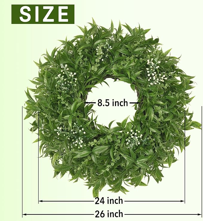 26 Inch Large Eucalyptus Wreaths for Front Door Artificial Green Olive Leaves Greenery Indoor Outdoor Wreath Home Decor Porch Window Wall Farmhouse Door Decorations Spring Summer Fall All Season