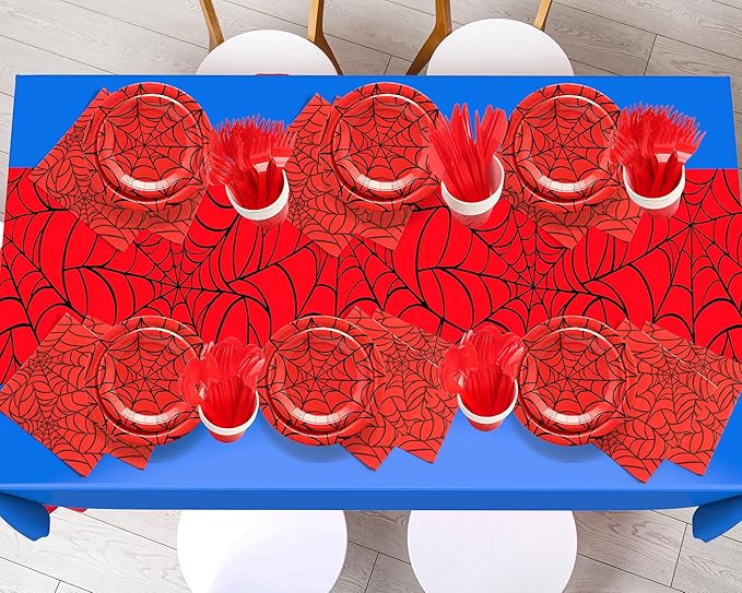Oudain 324 Spider Birthday Party Decoration Supplies Red Blue Disposable Rectangular Spider Web Tablecloth Paper Plates Napkins Cups Set Plastic Dinner Tableware Forks Spoons Knifes