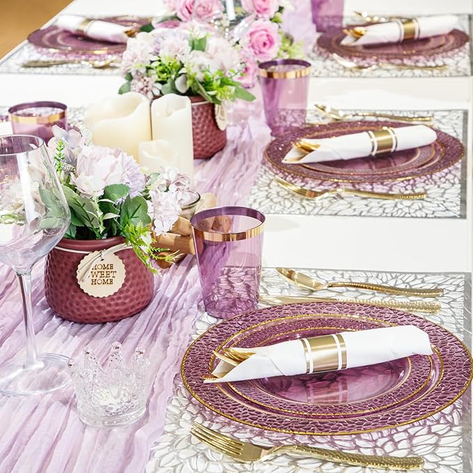 Nervure 400PCS Pre Rolled Gold Plastic Silverware Sets - Heavy Duty Hammered Gold Cutlery Include 100 Pack Wrapped Disposable Utensils with Napkins for Parties, Dinners & Weddings