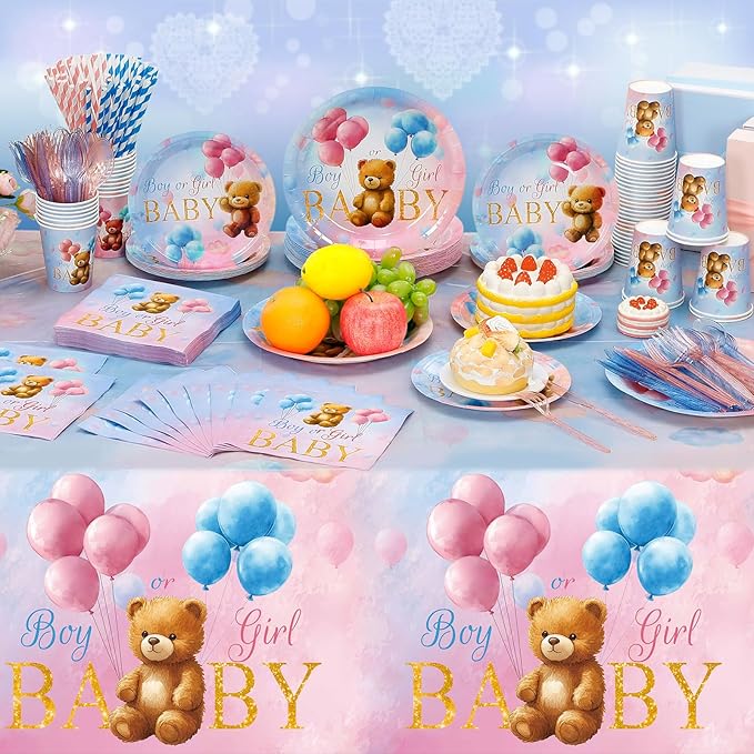 452 Pcs Bear Themed Gender Reveal Party Decorations for 50, Boy or Girl Gender Reveal Paper Plates Napkins Cups Tablecloth Cutlery Straws for Pink Blue Baby Shower Party Supplies