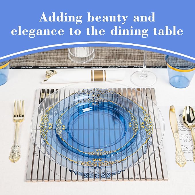 350PCS Gold and Blue Plastic Plates, Gold Plastic Dinnerware Sets for 50 Guests, 100 Disposable Plates, 150 Silverware, 50 Cups, 50 Napkins for Party and Wedding