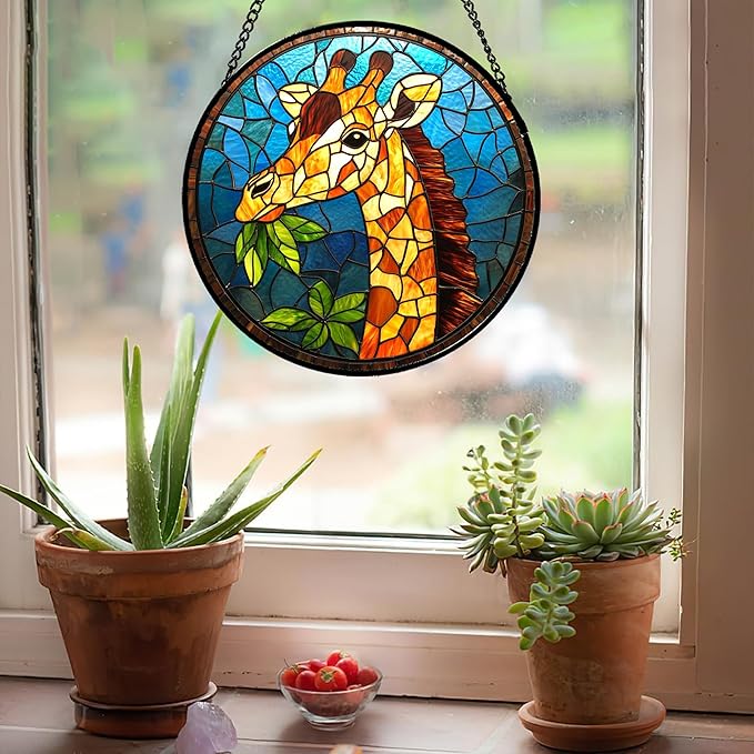 Stained Glass Window Hanging Orange Giraffe Blue Green Leaves Large 15" - Suncatcher Door Garden Sunroom Sun Catcher Home Decor Birthday Christmas for Mom Men Woman Nana