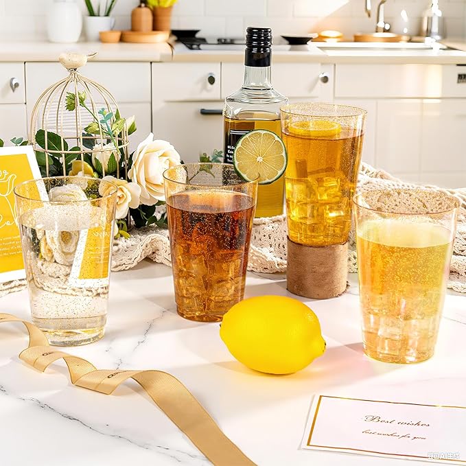 I00000 50 Pack 18 oz Gold Plastic Cups, Gold Glitter Cups Disposable Plastic Wine Glasses Cocktail Glasses Premium Cup, 18 Ounce Glitter Disposable Tumblers for Party & Wedding