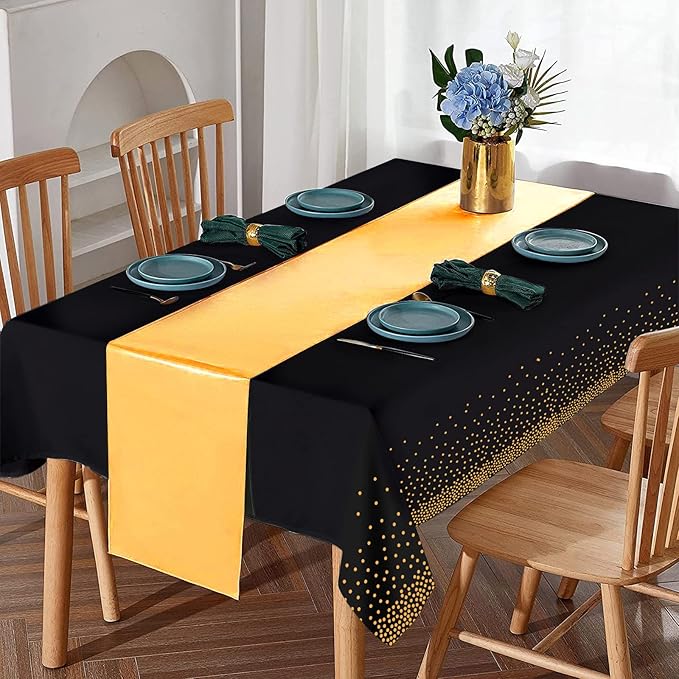 24Pack Disposable Plastic Tablecloths and Satin Table Runner Set Black Gold Dot Table Cloth Gold Satin Table Runner for Graduation Wedding Birthday Baby Shower Anniversary Holiday Party Decorations