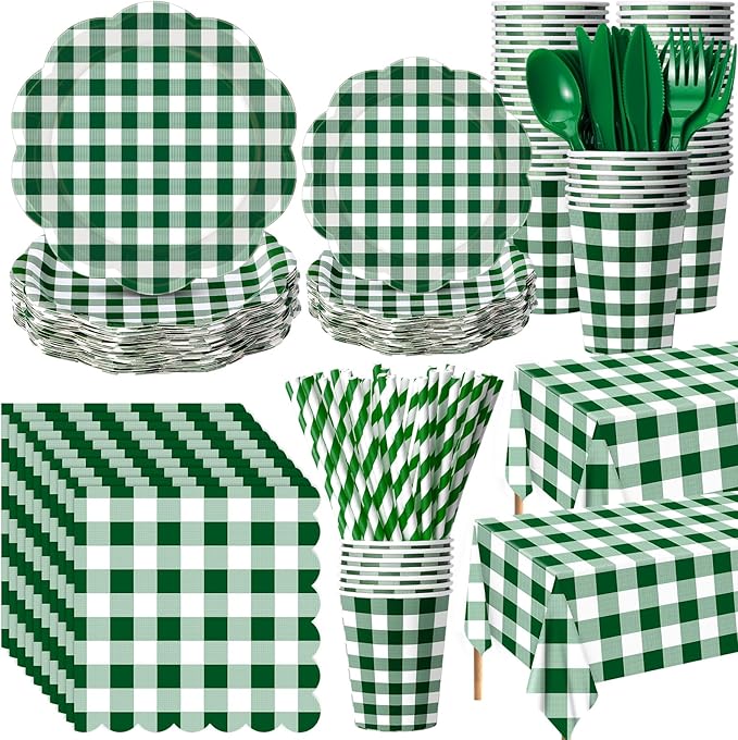 452 Pcs Green Gingham Party Supplies for 50, Dark Green Plaid Checkered Paper Plates Napkins Cups Tablecloth Cutlery Straws for Holiday Birthday Baby Shower Party Decoration