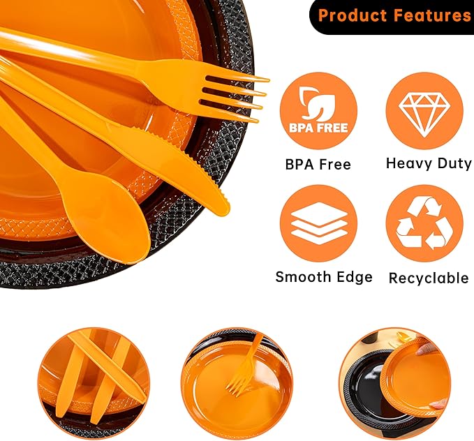 MirthMood 350PCS black and orange Plastic Plates,Black Disposable Plates –Plastic Plates Set Includes 50 Dinner,50 Dessert Plate,50 Cup&50 Napkins, 50 orange Silverware for Parties&Thanksgiving
