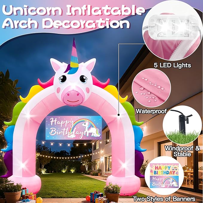 10FT Inflatable Unicorn Arch Outdoor Decorations Giant Rainbow Inflatables Arch Built-in 5 LED Lights Blow Up Pastel Unicorn Garden Yard Lawn Decor for Easter Wedding Baby Shower Girls Birthday Party