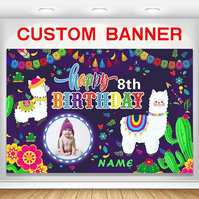 Custom Llama Cactus Happy Birthday Party Decorations Supplies Personalized Mexican Llama Cactus Birthday Backdrop Banner(5x7.5ft)