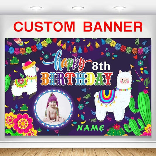 Custom Llama Cactus Happy Birthday Party Decorations Supplies Personalized Mexican Llama Cactus Birthday Backdrop Banner(5x7.5ft)
