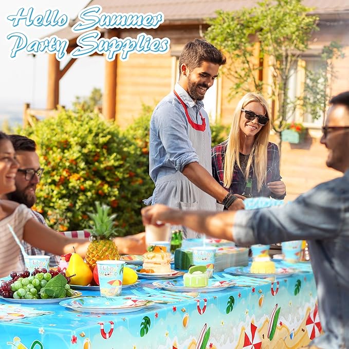 452 Pcs Hello Summer Party Decorations Beach Party Supplies for 50, Summer Beach Paper Plates Napkins Cups Tablecloth Cutlery Straws for Hawaiian Tropical Pool Birthday Decorations