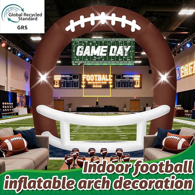 8FT Brown and White Football Helmet Inflatable Arch with Game Day Banner, Giant Outdoor Blow Up Football Helmet with Built-in 3 LED Lights for Football Themed Birthday Party Lawn Yard Decoration