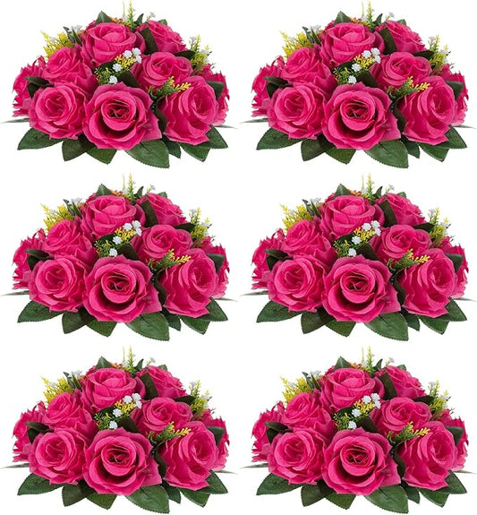 NUPTIO Flower Ball for Table Centerpieces: 6 Pcs Hot Pink Artificial Rose Kissing Balls for Wedding Party Valentine Tables - Faux Silk Floral Arrangements for Home Dining Event Decorations