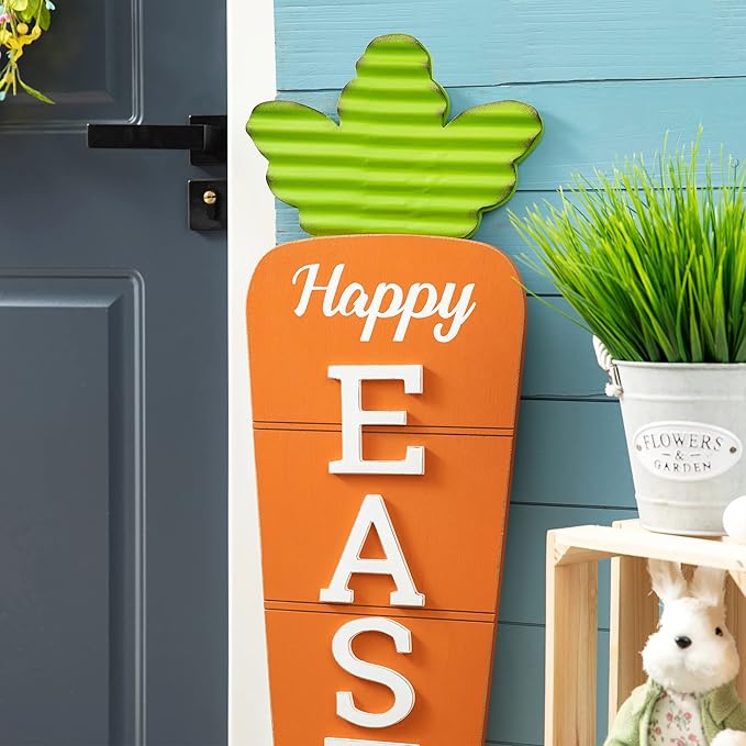 Glitzhome 41.5"H Easter Wooden Carrot Porch Decor, Metal Easter Porch Sign Welcome Sign for Home or Yard